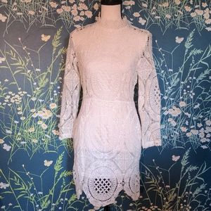 White Lacy Long Sleeve Dress by Shein